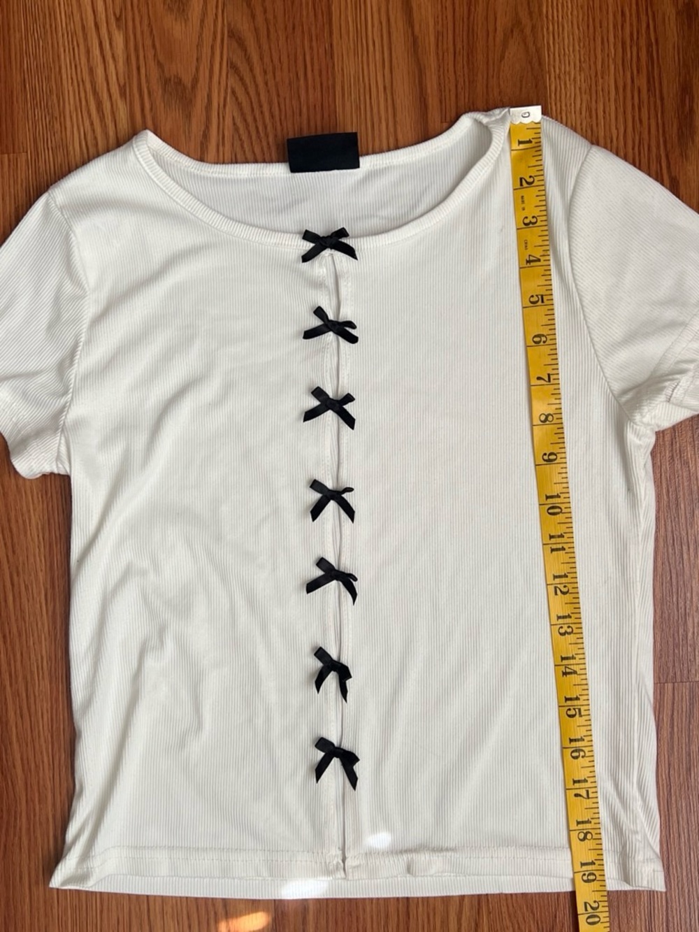Women’s White Short Sleeve Tee with Black Bow Front Detail